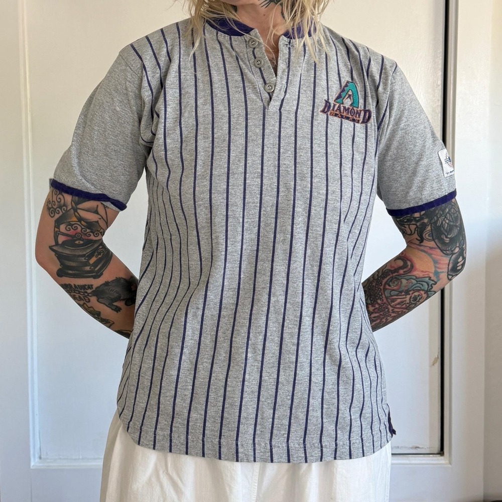Vintage Arizona Diamondbacks MLB Pinstripe Henley Shirt Kids Large 14/16 Grey‎